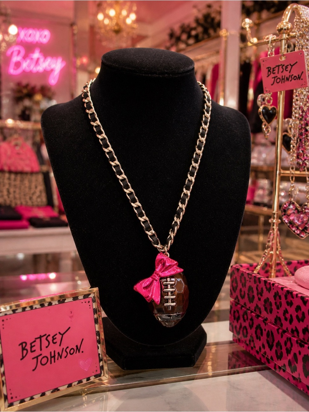 Betsey Johnson Gold-Tone Chain Necklace with Pink Bow Football Pendant